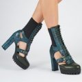Carter Cut Out Lace Up Ankle Boot In Teal Croc Faux Leather, Blue