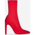 Cassia Square Heel Sock Boot In Red Lycra, Red