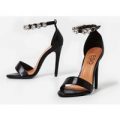 Cassidy Diamante Strap Barely There Heel In Black Faux Leather, Black