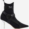 Cassie Perspex Buckle Detail Ankle Sock Boot In Black Lycra, Black