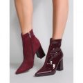 Chaos Contrast Pointed Toe Ankle Boots in Burgundy Patent and Faux…, Red