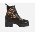 Chase Chunky Sole Leopard Print Detail Ankle Biker Boot In Black Faux Suede, Black