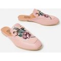 Cheska Floral Embroidered Flat Mule In Pink Faux Leather, Pink