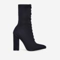 Christin Lace Up Block Heel Ankle Boot In Midnight Black Knit, Black