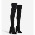 Cindy Thigh High Peep Toe Boot in Black Faux Suede, Black