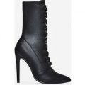 Cleo Pointed Toe Lace Up Ankle Boot In Black Faux Leather, Black