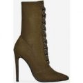 Cleo Pointed Toe Lace Up Ankle Boot In Khaki Faux Suede, Green