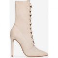 Cleo Pointed Toe Lace Up Ankle Boot In Nude Faux Suede, Nude