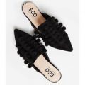 Clio Pom Pom Flat Mule In Black Faux Suede, Black