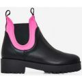 Cody Neon Pink Lycra Trim Ankle Boot In Black Faux Leather, Black