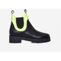 Cody Neon Yellow Lycra Trim Ankle Boot In Black Faux Leather, Black