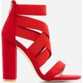Connie Elasticated Caged Block Heel In Red Faux Suede, Red