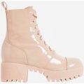 Cooper Chunky Sole Lace Up Boot In Ankle Biker Boot In Nude Patent, Nude