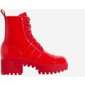 Cooper Chunky Sole Lace Up Boot In Ankle Biker Boot In Red Patent, Red