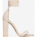 Cora Lace Up Block Heel In Nude Faux Suede, Nude