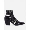 Cotto Cut Out Lace Up Ankle Western Boot In Black Croc Print Faux Leather, Black