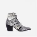 Cotto Cut Out Lace Up Ankle Western Boot In Grey Snake Print Faux Leather, Grey