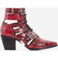 Cotto Cut Out Lace Up Ankle Western Boot In Red Snake Print Faux Leather, Red