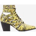 Cotto Cut Out Lace Up Ankle Western Boot In Yellow Snake Print Faux Leather, Yellow