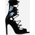 Benita Blue Floral Embroidered Lace Up Heel In Black Faux Su, Black