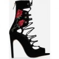 Benita Red Floral Embroidered Lace Up Heel In Black Faux Su, Black