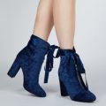 Cyra Satin Bow Ankle Boot In Navy Velvet, Blue