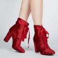 Cyra Satin Bow Ankle Boot In Burgundy Velvet, Red