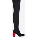 Darley Red Heel Thigh High Long Boot In Black Lycra, Black