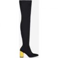 Darley Yellow Heel Thigh High Long Boot In Black Lycra, Black
