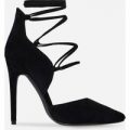 Deontay Pointed Toe Lace Up Heel In Black Faux Suede, Black