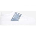Dexter Studded Detail Blue Stripe Trainer In White Faux Leather, White