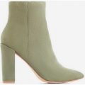 Diana Block Heel Ankle Boot In Khaki Faux Suede, Green