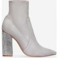 Dixie Silver Diamante Heel Ankle Boot In Grey Faux Suede, Grey