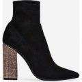 Dixie Gold Diamante Heel Ankle Boot In Black Faux Suede, Black