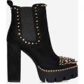 Domino Gold Studded Detail Platform Biker Boot In Black Faux Suede, Black