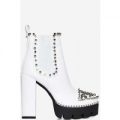 Domino Silver Studded Detail Platform Biker Boot In White Faux Leather, White