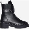Duke Zip And Studded Detail Biker Boot In Black Faux Leather, Black