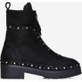 Duke Zip And Studded Detail Biker Boot In Black Faux Suede, Black