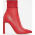 Elaina Flared Stiletto Heel Ankle Sock Boot In Red Faux Leather, Red