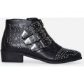 Elba Studded Detail Biker Boot In Black Faux Leather, Black