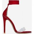 Elodie Studded Lace Up Perspex Heel In Red Faux Suede, Red