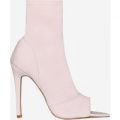 Esme Pointed Peep Toe Sock Boot In Pink Lycra, Pink