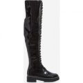 Espinoza Studded Detail Lace Up Thigh High Long Boot In Black Patent, Black