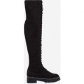 Espinoza Studded Detail Lace Up Thigh High Long Boot In Black Faux Suede, Black