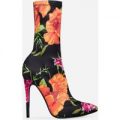 Fiona Pointed Toe Sock Boot In Floral Print Lycra, Black