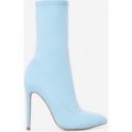 Fiona Pointed Toe Sock Boot In Blue Lycra, Blue