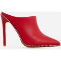 Fleur Studded Detail Heel Mule In Red Faux Leather, Red