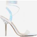 Foxy Lace Up Perspex Heel In Silver Snake Print Faux Leather, Silver