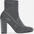 Freddie Block Heel Ankle Boot In Silver Shimmer Knit, Grey