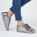 Kami Snake Print Lace Up Trainers In Silver Faux Leather, Silver